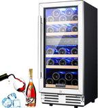 BODEGA 15” Wine Cooler, 30 Bottle Dual Zone Wine Fridge With Double-Layer Glass Door, Freestanding or Built-In Wine Fridge with Blue LED Light & Stainless Steel Handle, for Home, Kitchen,Bar, Black.