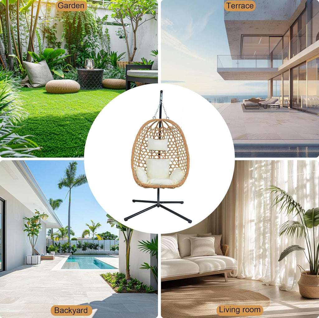 Hanging Egg Chair with Stand & Cushions - All-Weather Rattan Swing Chair for Patio, Balcony, Garden (Modern Boho Design, Ready-to-Use Indoor Outdoor)-Beige