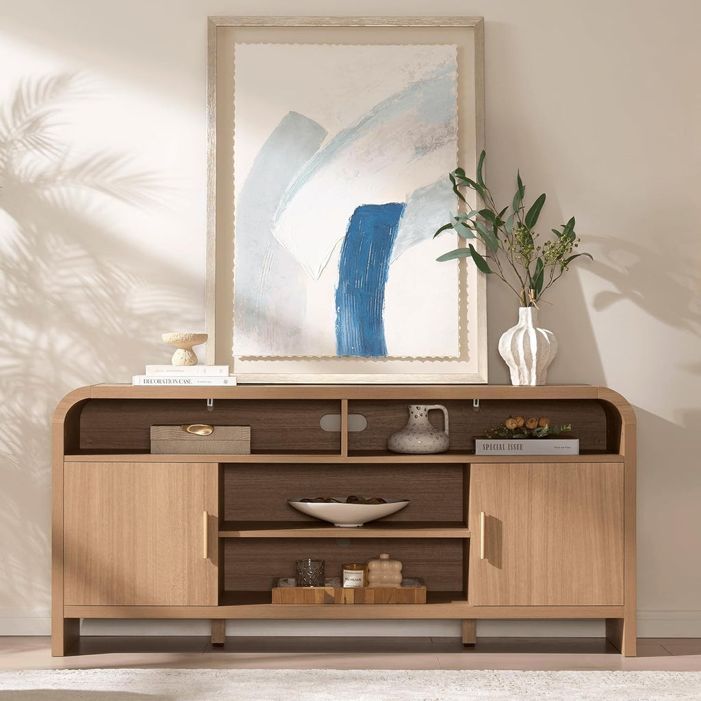 TV Stand for TVs Up to 65'' - Unique Curved Profile, FSC-Certified Wooden Board Entertainment Center with Adjustable Shelves and Storage Cabinet Modern Media Console for Living Room