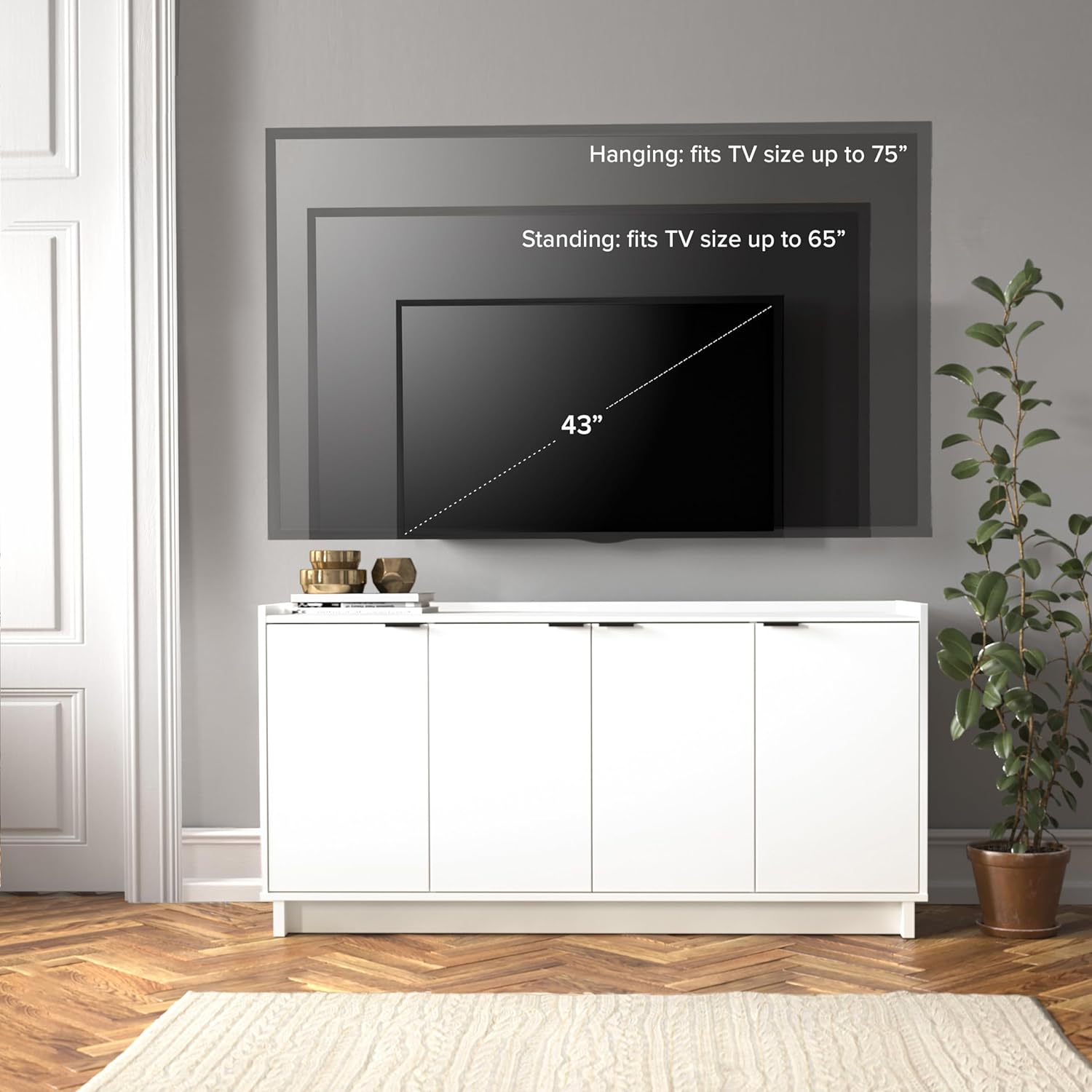 Prepac Simply Modern 4 Door Console Table with Storage, White Storage Cabinet with Doors and Shelves, Sideboard Storage Cabinet 60" W x 30" H x 16" D, WCBG-1820-1