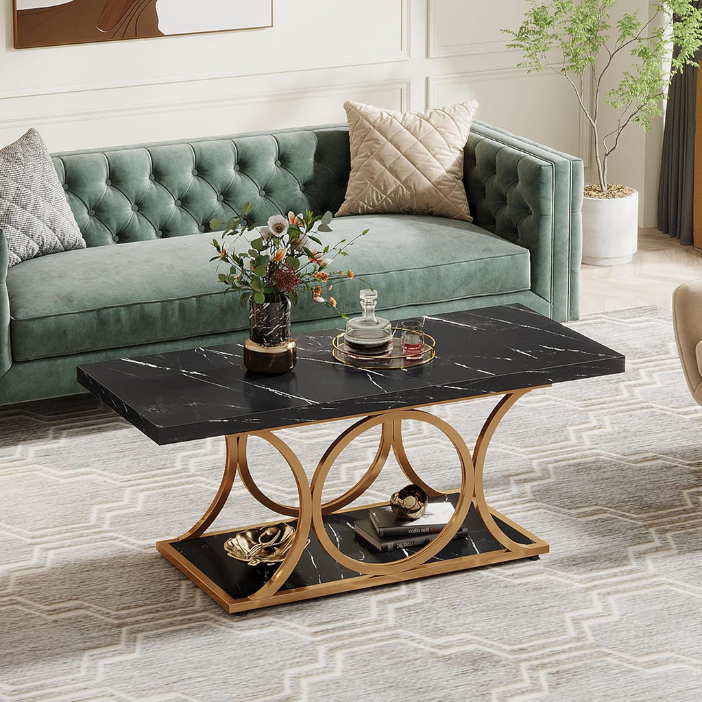 Tribesigns Rectangle Coffee Table, 47.24-inch Modern Coffee Tables for Living Room, 2-Tier Faux Marble Wood Coffee Table with Geometric Metal Legs, Furniture with Storage Shelf (Black & Gold)