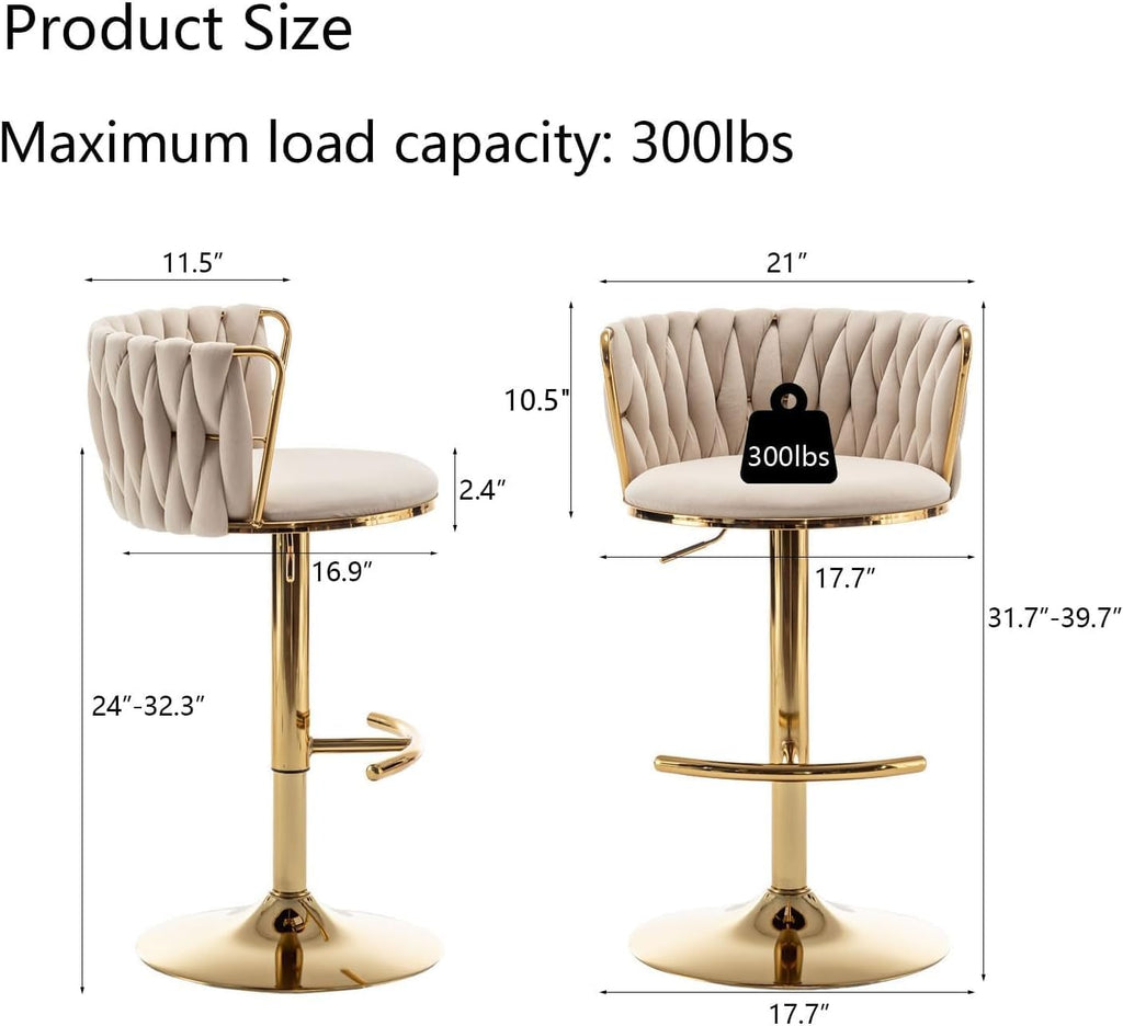 Gold Velvet Bar Stools Set of 3, Swivel Counter Height Bar Stools with Back, Adjustable Woven Barstools for Kitchen Island, Pub, Club (Beige)