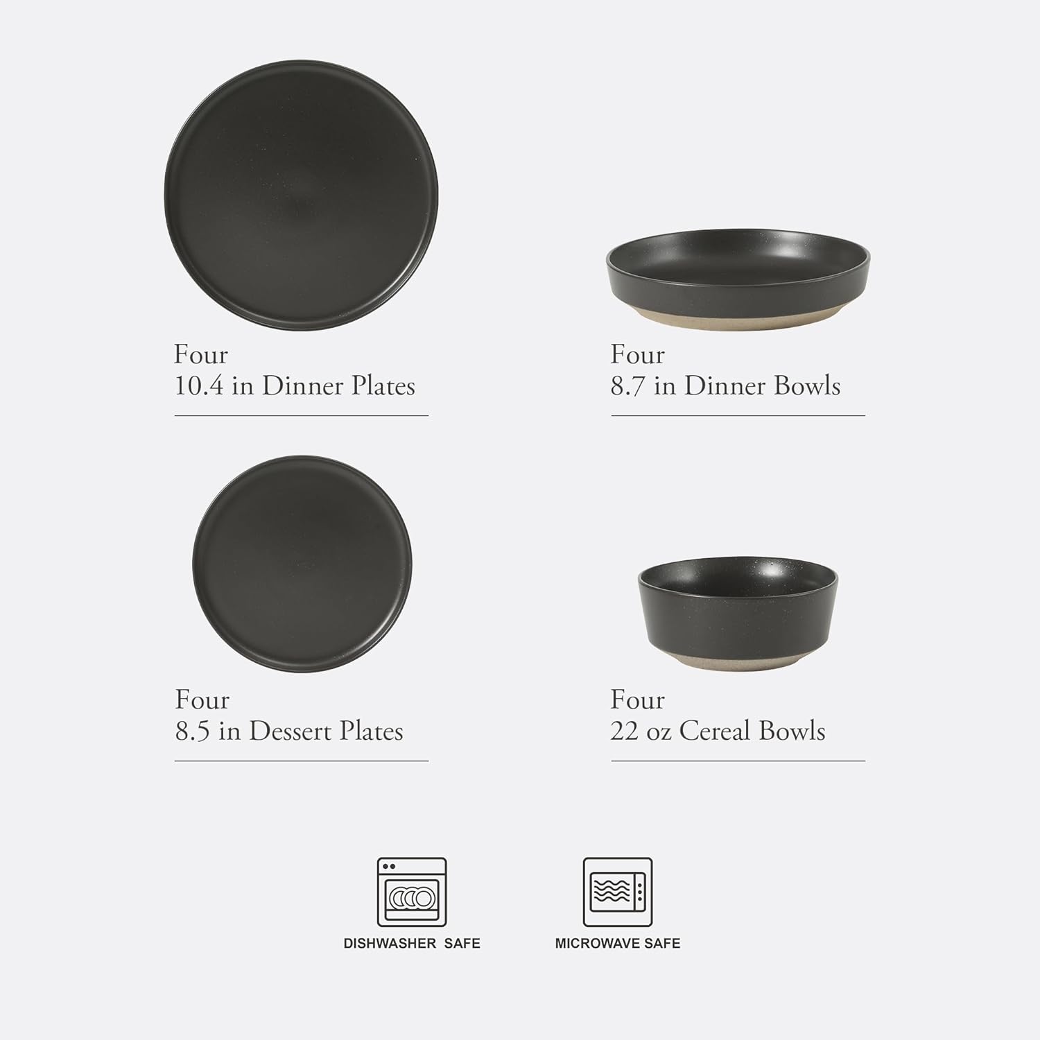 Gibson Elite Overbrook 16-Piece Pottery Clay Stoneware Dinnerware Set – Black Reactive Glaze, Stackable Plates and Bowls W/Pasta Bowl, Service for 4 – Microwave & Dishwasher Safe