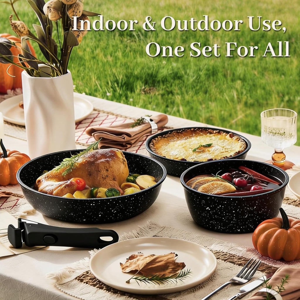Pots and Pans Set - Non Stick 25 Pieces Cookware Set Pots and Pans with Detachable Handles, Includes Pans, Pots, Utensils, Trivets for Hot Dishes, Lids, Space-Saving Cookware