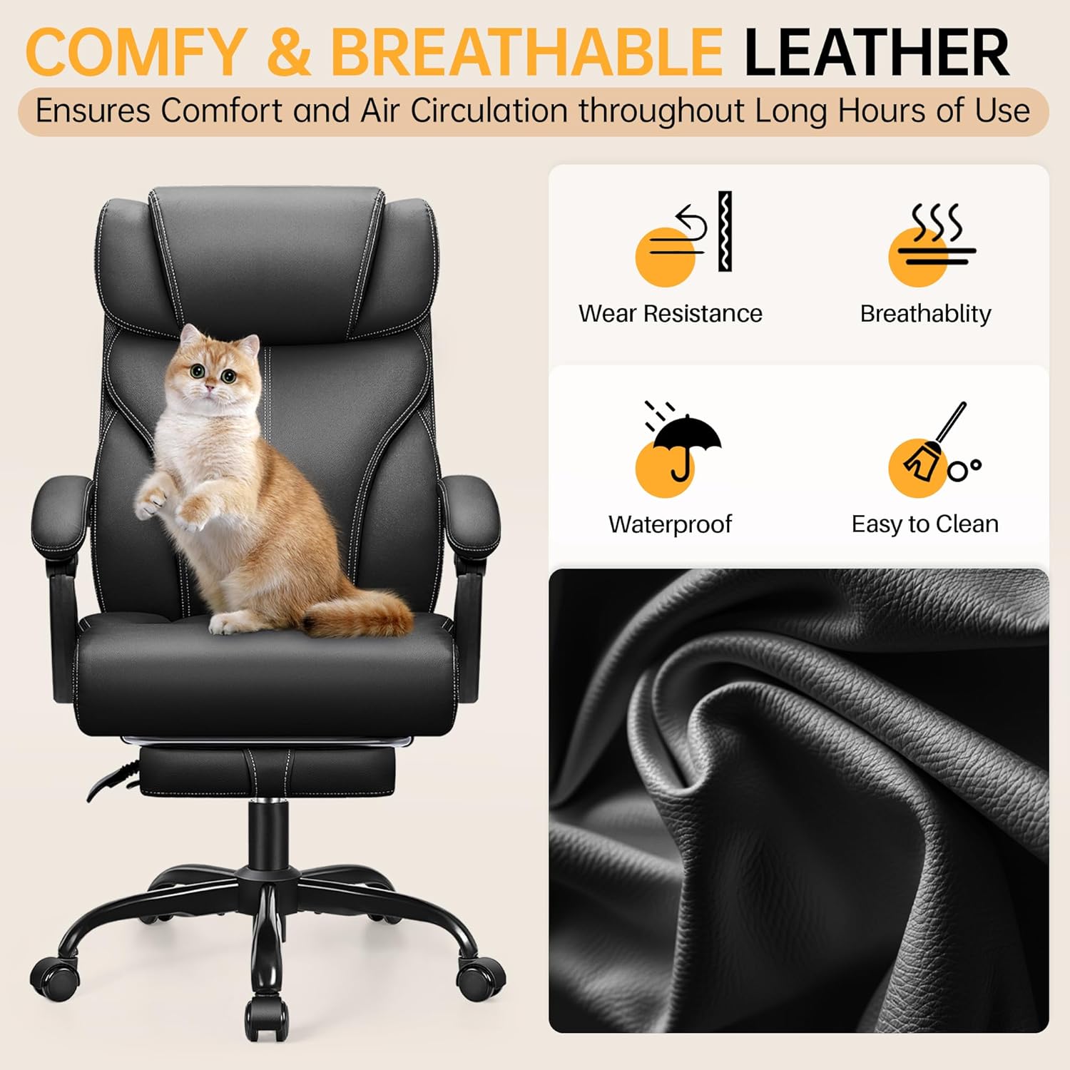 Office Chair, Executive Big and Tall Leather Desk Chairs with Footrest, Ergonomic Breathable Computer Chair with Adjustable High Back, Lumbar Support Swivel PC Chairs with Rocking Function