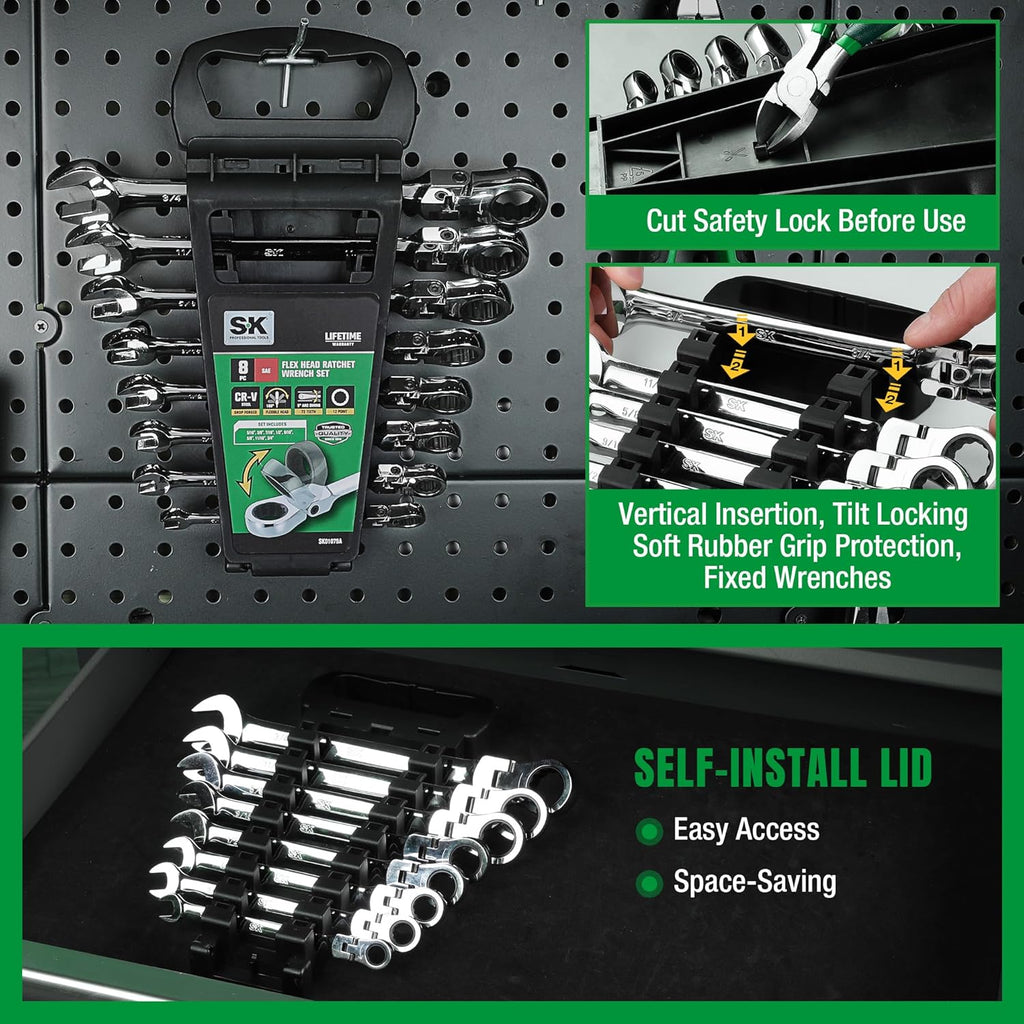 SK Flex-Head Ratcheting Wrench Set, Combination Wrench Set, 8-Piece, SAE 5/16" to 3/4", 72-Tooth, Premium CR-V Construction, with Rack Organizer