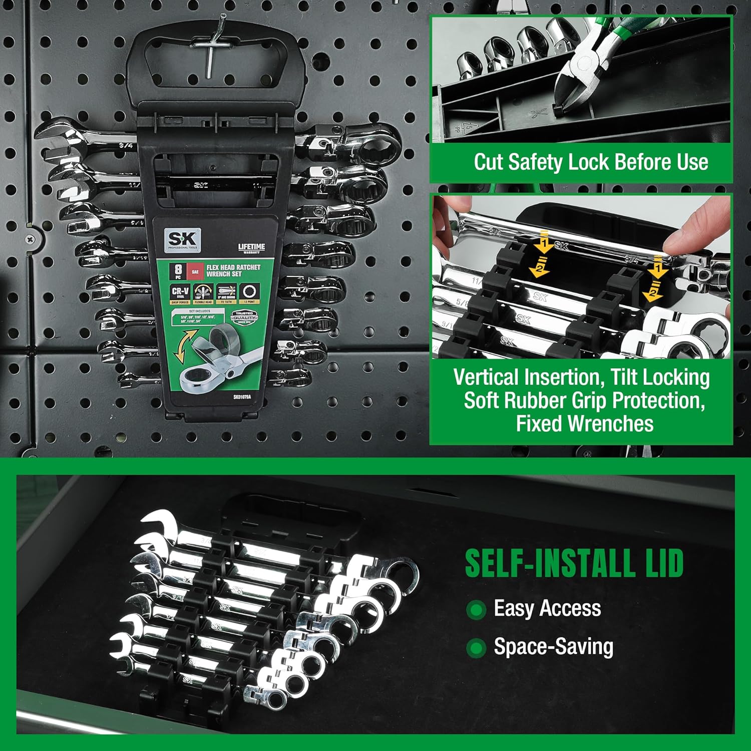 SK Flex-Head Ratcheting Wrench Set, Combination Wrench Set, 8-Piece, SAE 5/16" to 3/4", 72-Tooth, Premium CR-V Construction, with Rack Organizer