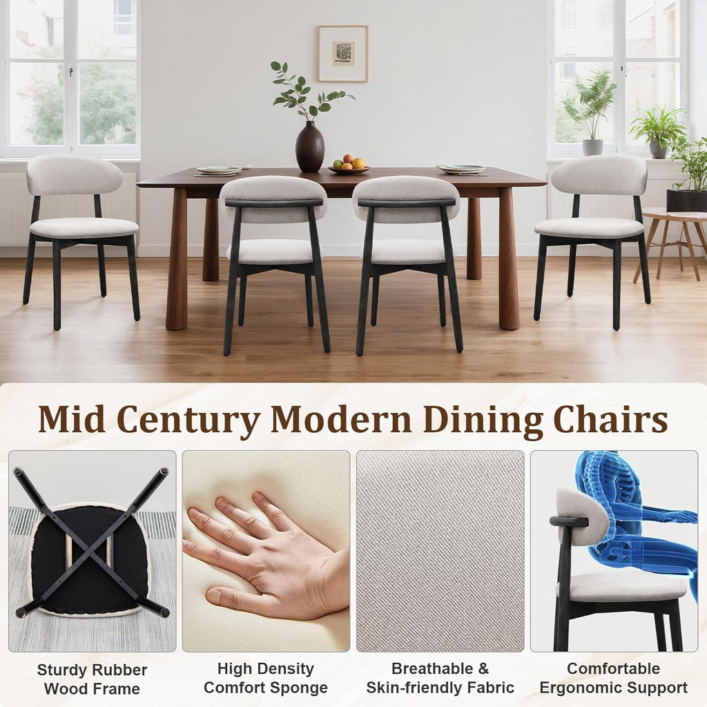 Farmhouse Dining Chairs Set of 4,Mid Century Modern Fabric Upholstered Kitchen Chairs,Wooden Dining Room Chair with Curved Back Black Leg for Kitchen Dining Room Restaurant Cafe,Linen Gray,Only Chairs
