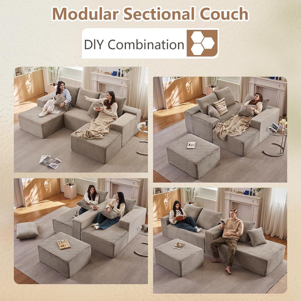 107" Modular Sectional Sofa with Ottoman, Modern Corduroy Cloud Couch with Deep Seat, Boneless Couch Upholstered 3-Seater U-Shaped Sofa for Living Room, No Assembly (Camel, Left-Facing Chaise)