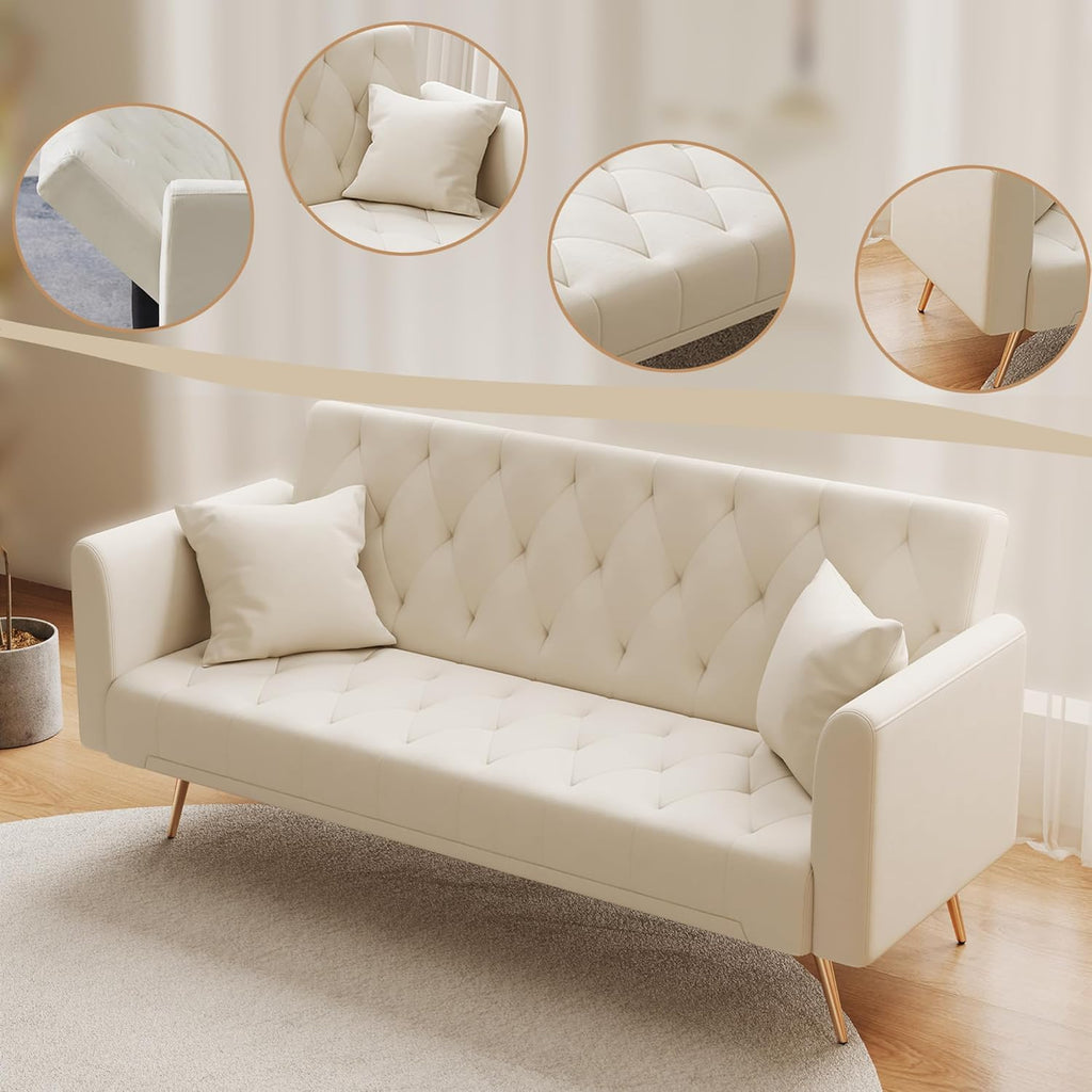 Anwick 72''Modern Velvet Sofa Bed Futon,Convertible Folding Sleeper Couches with 3 Adjustable Backrests,Tufted Recliner Love Seat Golden Chrome Legs for Living Room Apartment Home Office (Beige)