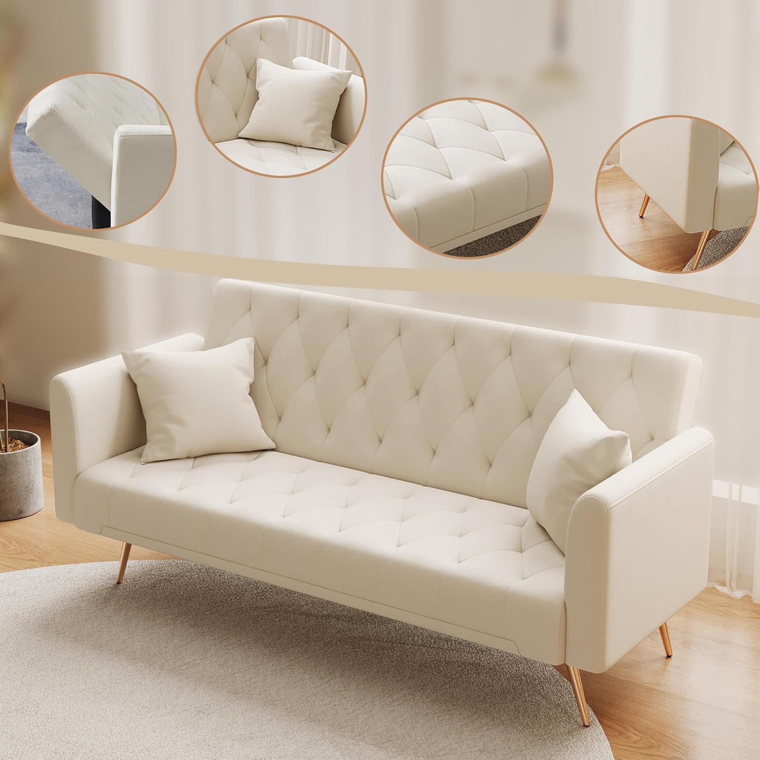 Anwick 72''Modern Velvet Sofa Bed Futon,Convertible Folding Sleeper Couches with 3 Adjustable Backrests,Tufted Recliner Love Seat Golden Chrome Legs for Living Room Apartment Home Office (Beige)