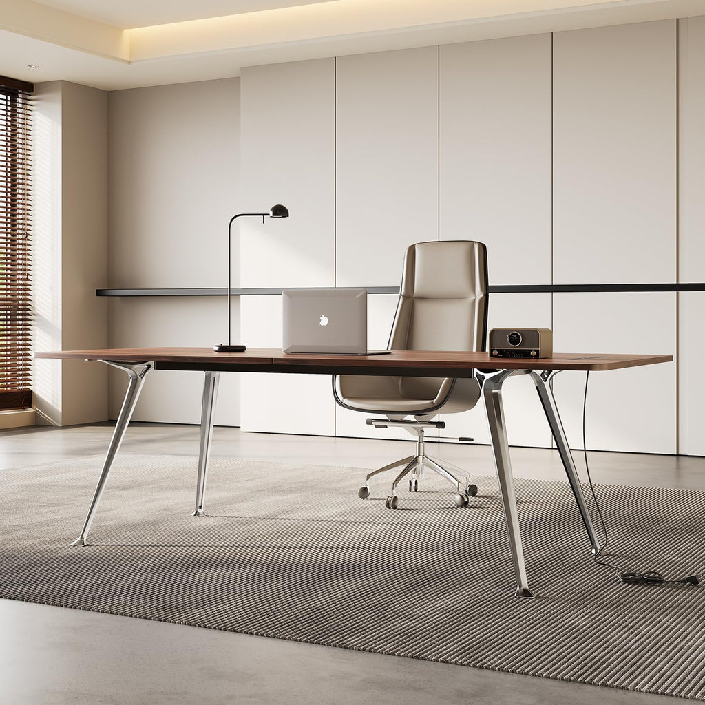 Writing Computer Desk, 60-Inch Large Executive Desk Office Workstation with Chrome-Plated Legs and Built-in Power Outlet, Writing Table Business Furniture, Modern Minimalist Style for Home Office
