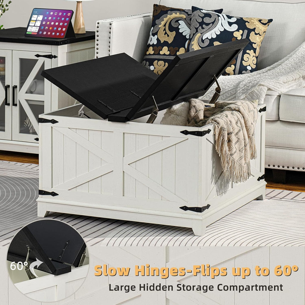 Farmhouse Coffee Table Sets 3 Pieces, 24'' End Table with Charger and Narrow 14'' Nightstand w/Glass Barn Door, Large Coffee Tables with Hidden Storage Organizer, Living Room Sets
