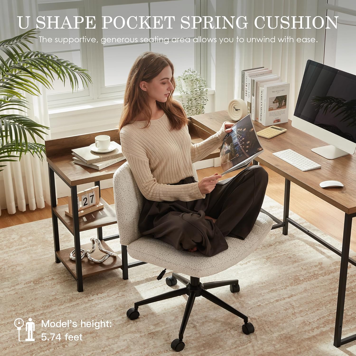 Dowinx Criss Cross Chair with Wheels, Preminum Fabric and Pocket Spring Cushion, Adjustable Swivel Wide Seat Computer Chair, Morden Design Vanity Chair White