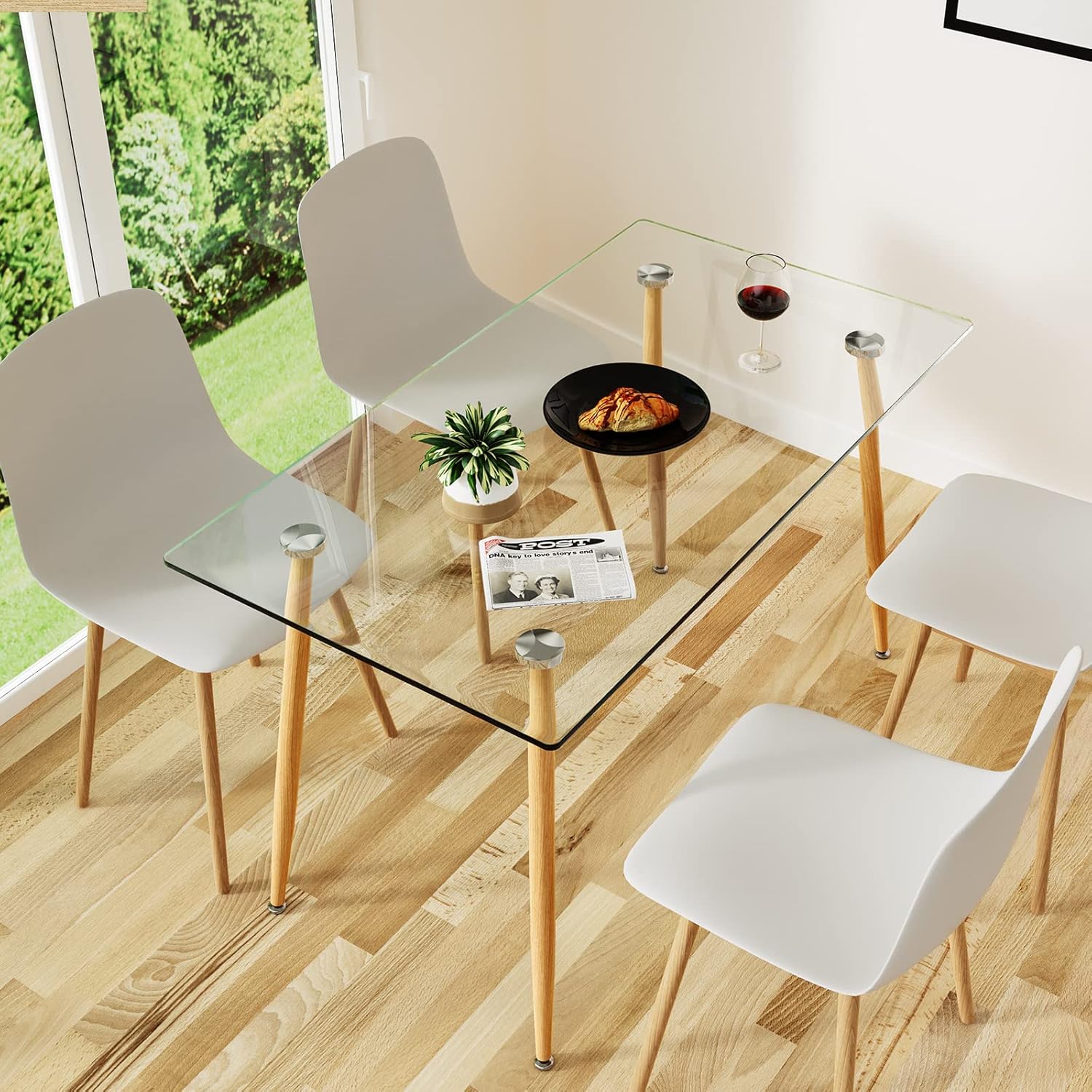 COSTWAY 51 Inch Glass Dining Table, Modern Rectangle Kitchen Table w/Wood-Like Steel Legs & Spacious Tabletop, Dining Room Table for Home, Office, Study