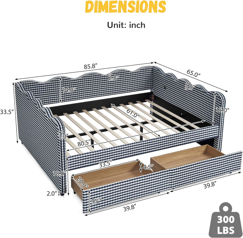 DEINPPA Queen Size Upholstered Daybed with 2 Storage Drawers, Gingham Daybed with USB Ports for Bedroom Living Room Guest Room-Navy