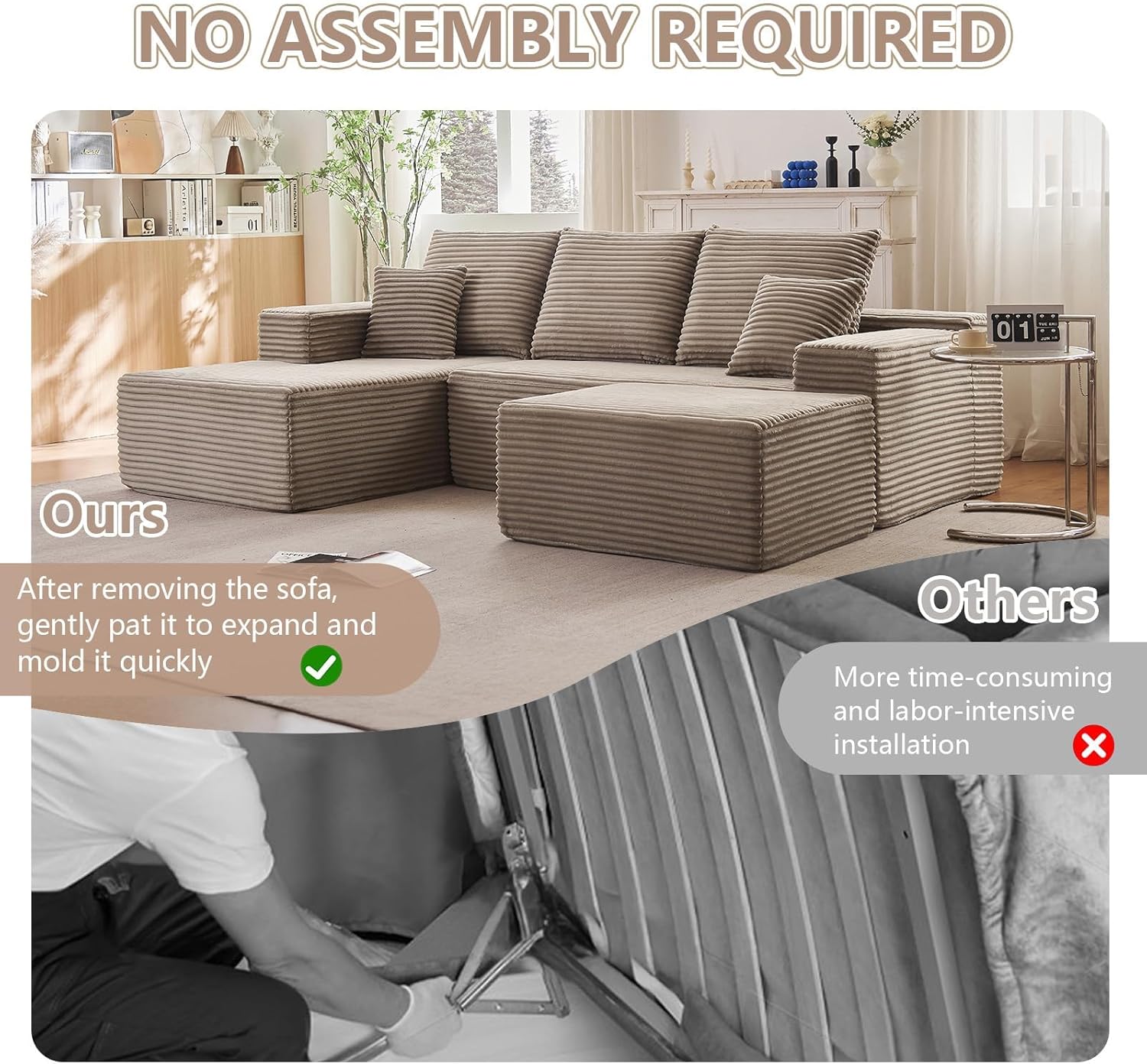 107" Cloud Modular Sectional Couches, Modern Convertible U Shaped Couch, 3 Seat Corduroy Comfy Deep Seat Sectional Sofa Oversize Deep Seat Sofa Camel