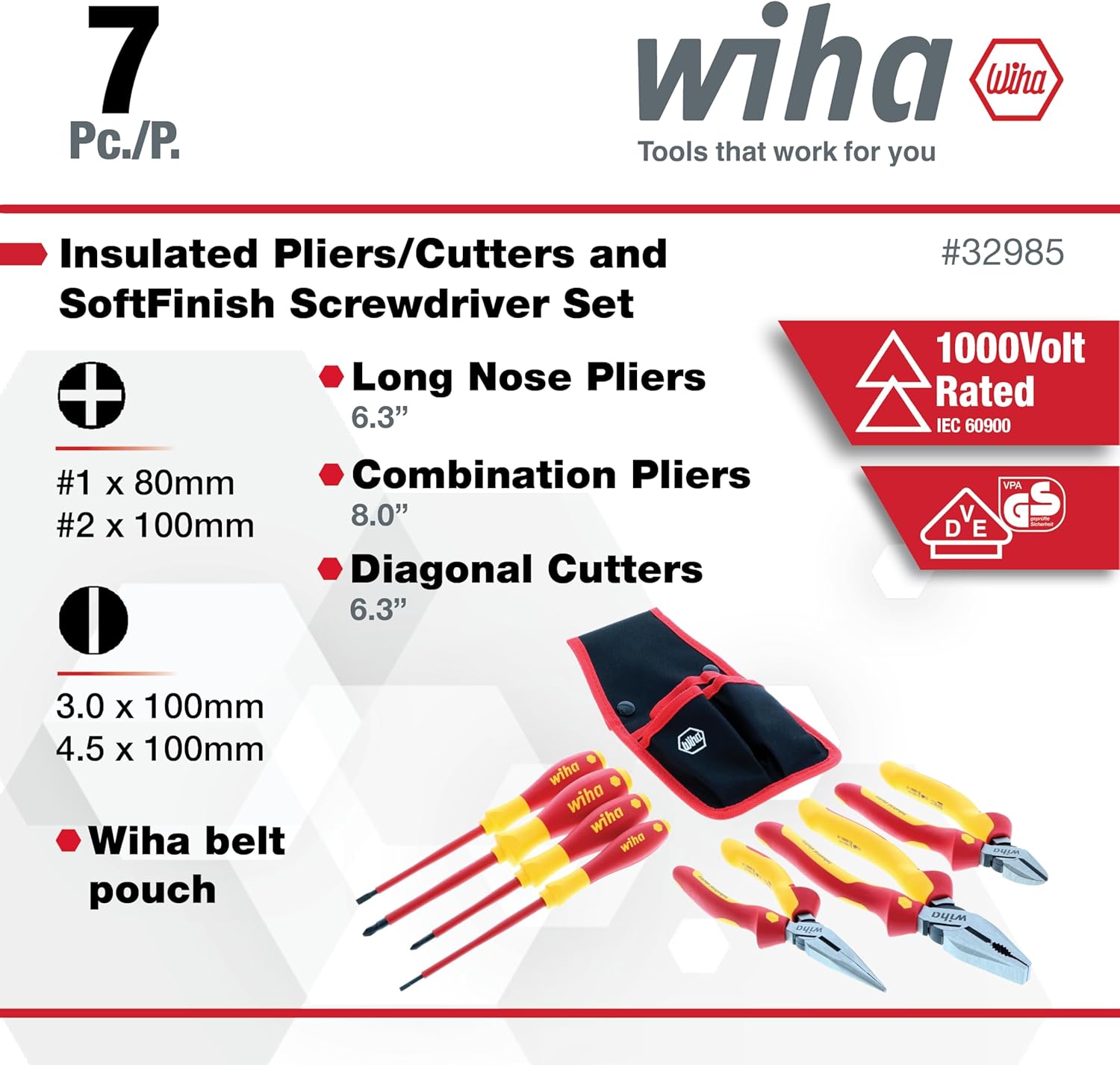 Wiha 32985 7 Piece Insulated Industrial Pliers and Screwdriver Set