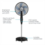 Rowenta, Pedestal Fan, Extreme Outdoor Fan with Remote, 65 Inches, Ultra Quiet Fan, Oscillating, Portable, 3 Speeds, Digital Control, Black, Ourdoor, VU4510