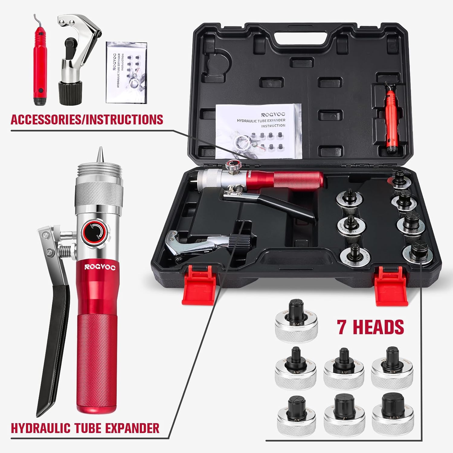 Hydraulic Tube Expander, HVAC Copper Swaging Tool Kit for 3/8 to 1-1/8 Inch OD, 7 Pipe Expander Heads, Pipe Cutter, Deburring Tool for Soft Copper and Aluminum Pipes