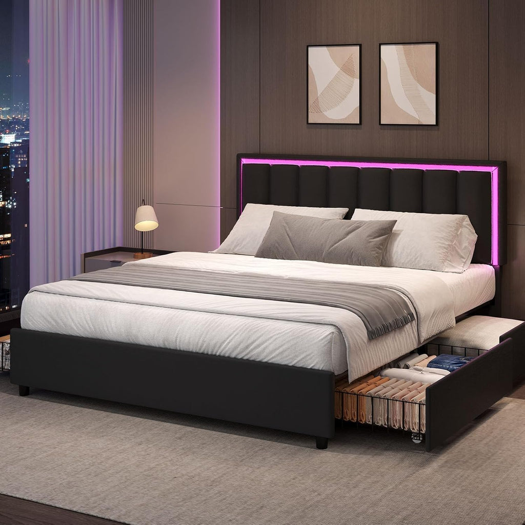 Queen Size Bed Frame with 4 Storage Drawers, Faux Leather Upholstered Bed Frame Queen with Headboard, RGB LED Ligths, Heavy Duty Metal and Wood Slat Support, No Box Spring Needed, Easy Assembly, Black