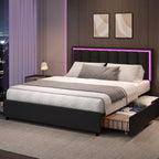 Queen Size Bed Frame with 4 Storage Drawers, Faux Leather Upholstered Bed Frame Queen with Headboard, RGB LED Ligths, Heavy Duty Metal and Wood Slat Support, No Box Spring Needed, Easy Assembly, Black