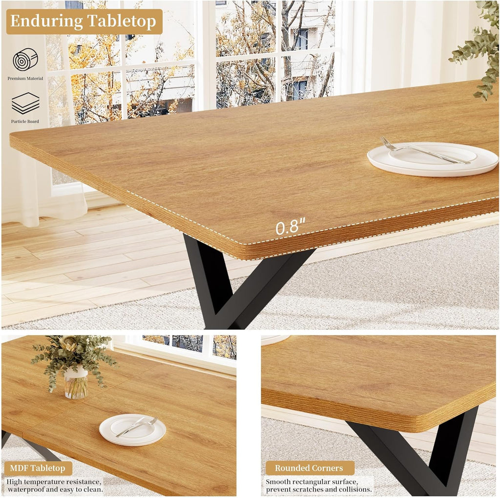 5-Piece Dining Table Set for 4-6 People, 63" MDF Kitchen Table with 4 Upholstered Chairs, Metal Legs for Dining Room, Kitchen(Oak Table+4 Brown Chairs)