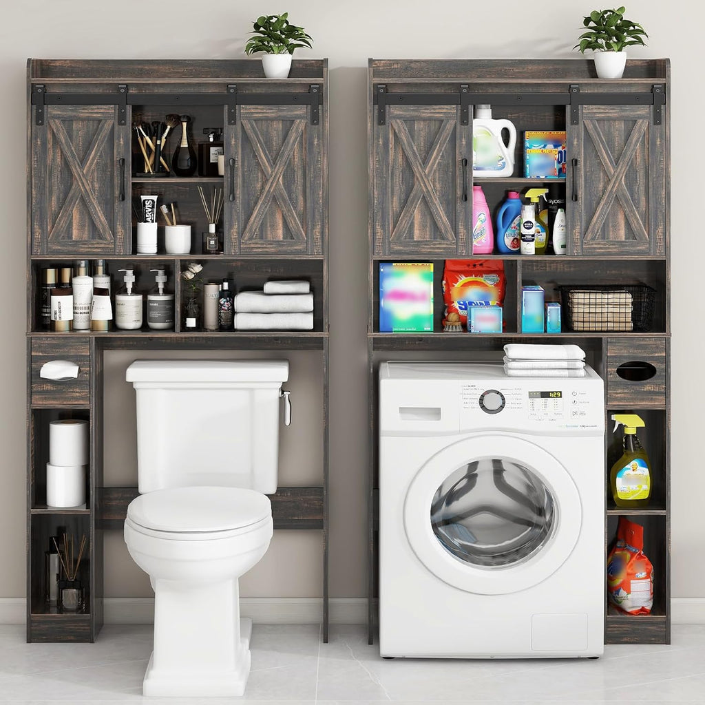 Vabches Over The Toilet Storage Cabinet, Farmhouse Storage Cabinet Over Toilet with Sliding Door& Toilet Paper Holder Stand，Home Space-Saving Toilet Rack, for Bathroom, Laundry and Restroom