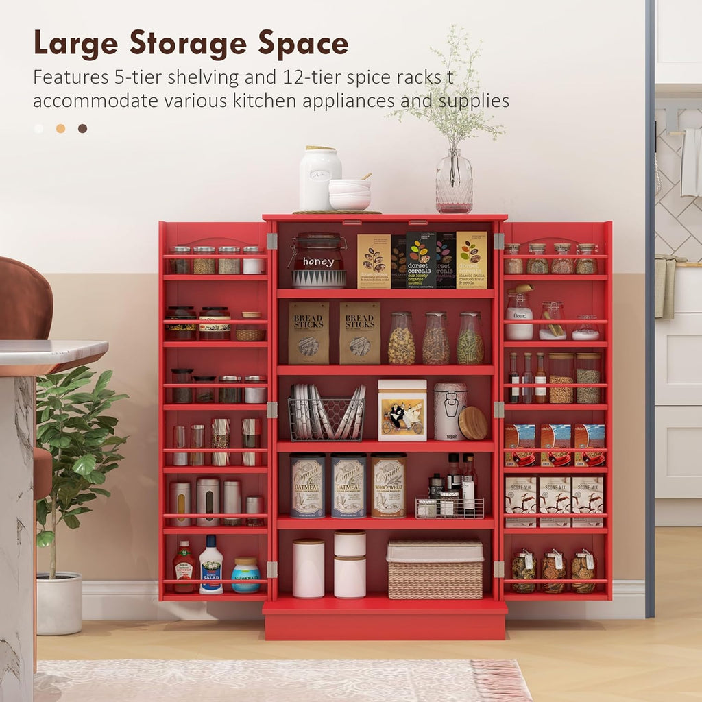 HOMCOM 41" Kitchen Pantry Storage Cabinet, Freestanding Kitchen Cabinet with 12 Door Shelves, Double Doors, 5-Tier Shelving and Adjustable Shelves, Red
