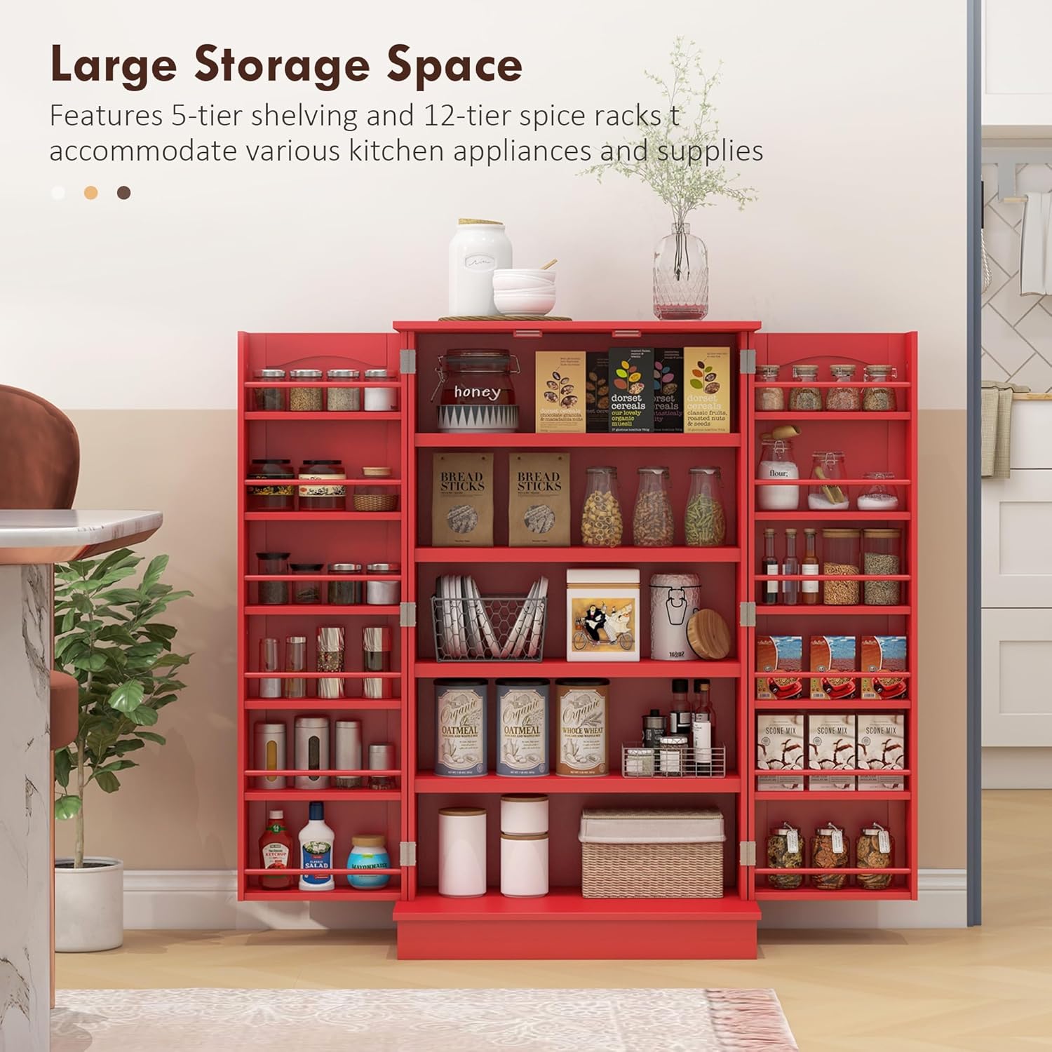 HOMCOM 41" Kitchen Pantry Storage Cabinet, Freestanding Kitchen Cabinet with 12 Door Shelves, Double Doors, 5-Tier Shelving and Adjustable Shelves, Red