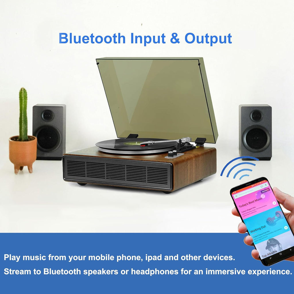 Vinyl Record Player with Bluetooth Input and Output  3 Speed Turntable Built in Speakers  RCA Output  AUX in  Earphone Jack  Retro Design for Home Audio