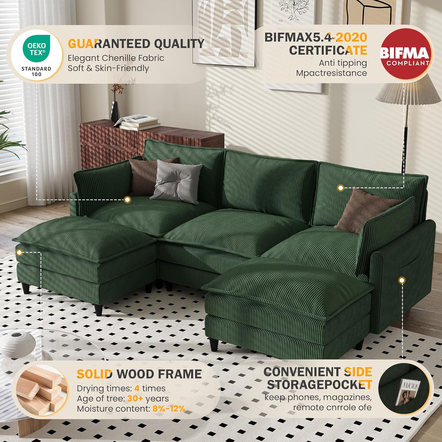 Apicizon 108" Cloud Couch Sectional, 3-Seat Deep Cloud Sofa with Ottoman, Modern U Shape Sectional Sofa Corduroy for Living Room, Apartment, Office, Green