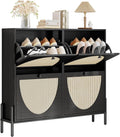 IRONCK Rattan Shoe Cabinet Storage with 4 Flip Drawers, Freestanding Shoe Storage Organizer Cabinet for Entryway, Narrow Shoe Rack Cabinet, Matte Black