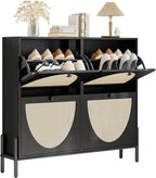 IRONCK Rattan Shoe Cabinet Storage with 4 Flip Drawers, Freestanding Shoe Storage Organizer Cabinet for Entryway, Narrow Shoe Rack Cabinet, Matte Black