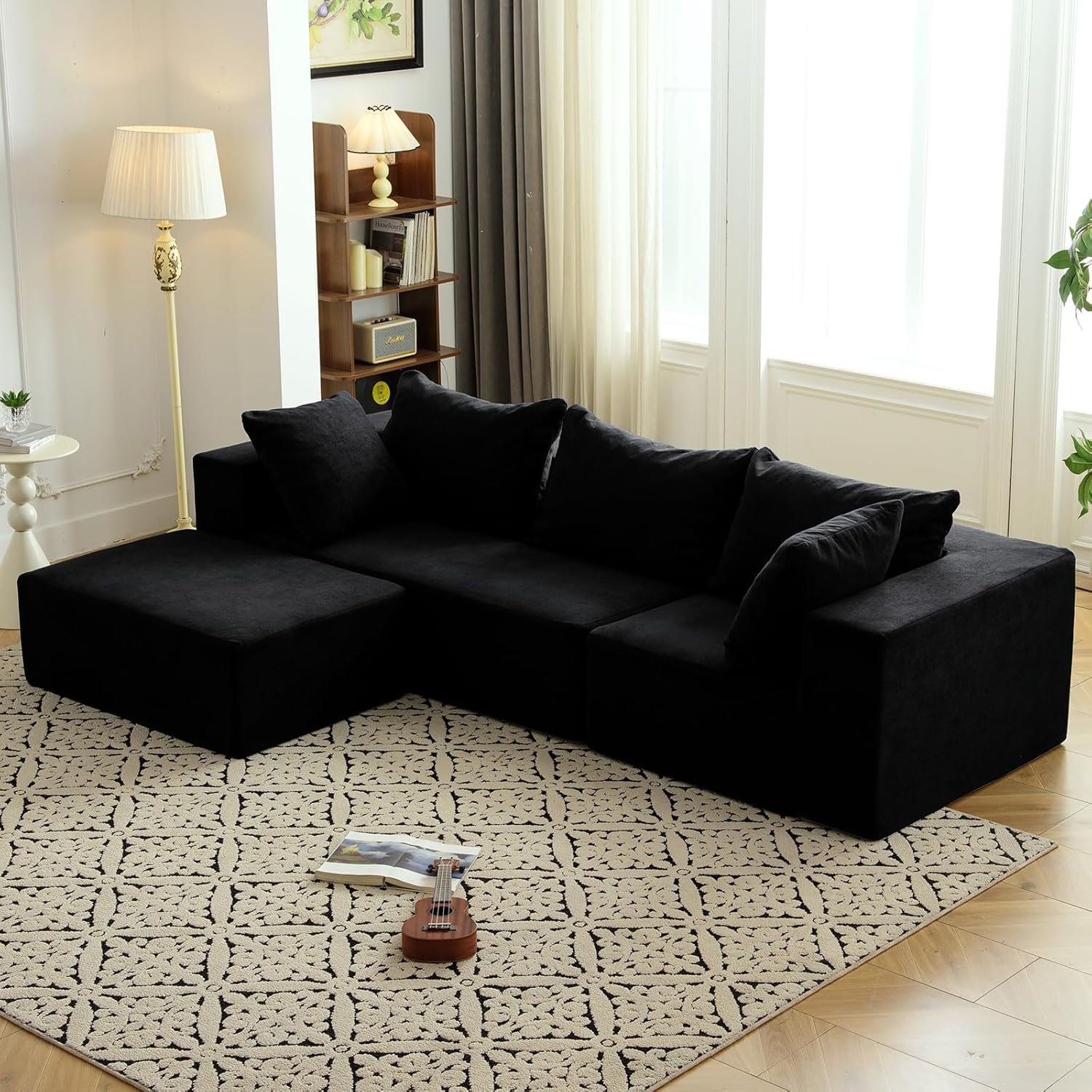 Vamcheer Modular Sectional Sofa - Modern L Shaped Boneless Couch with Deep Seat, Upholstered Sectional Couches for Living Room, Bedroom, Office, No Assembly Required, Black