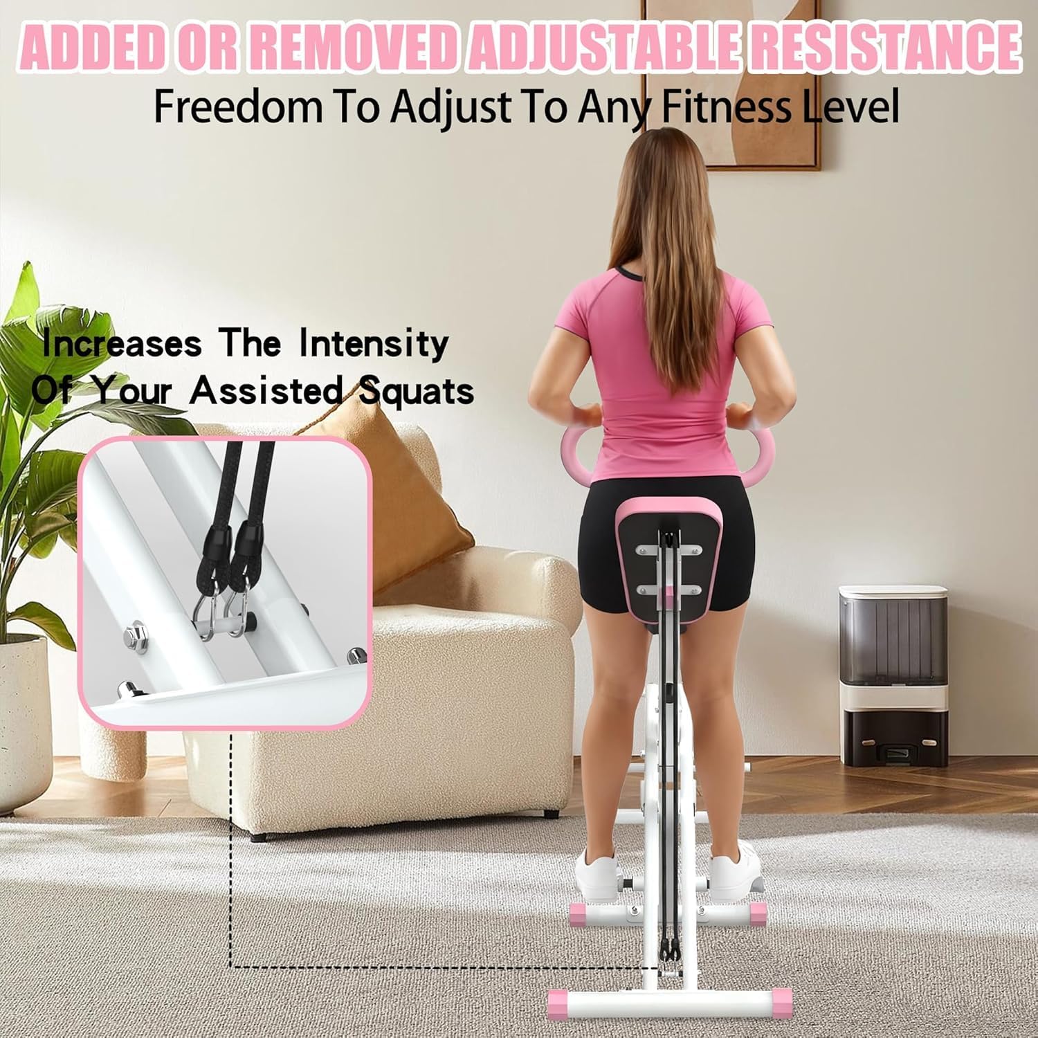 Squat Machine for Home Gym, Foldable Glute Trainer with Resistance Bands, Hip Thrust, Butt and Thigh Workout, Pink