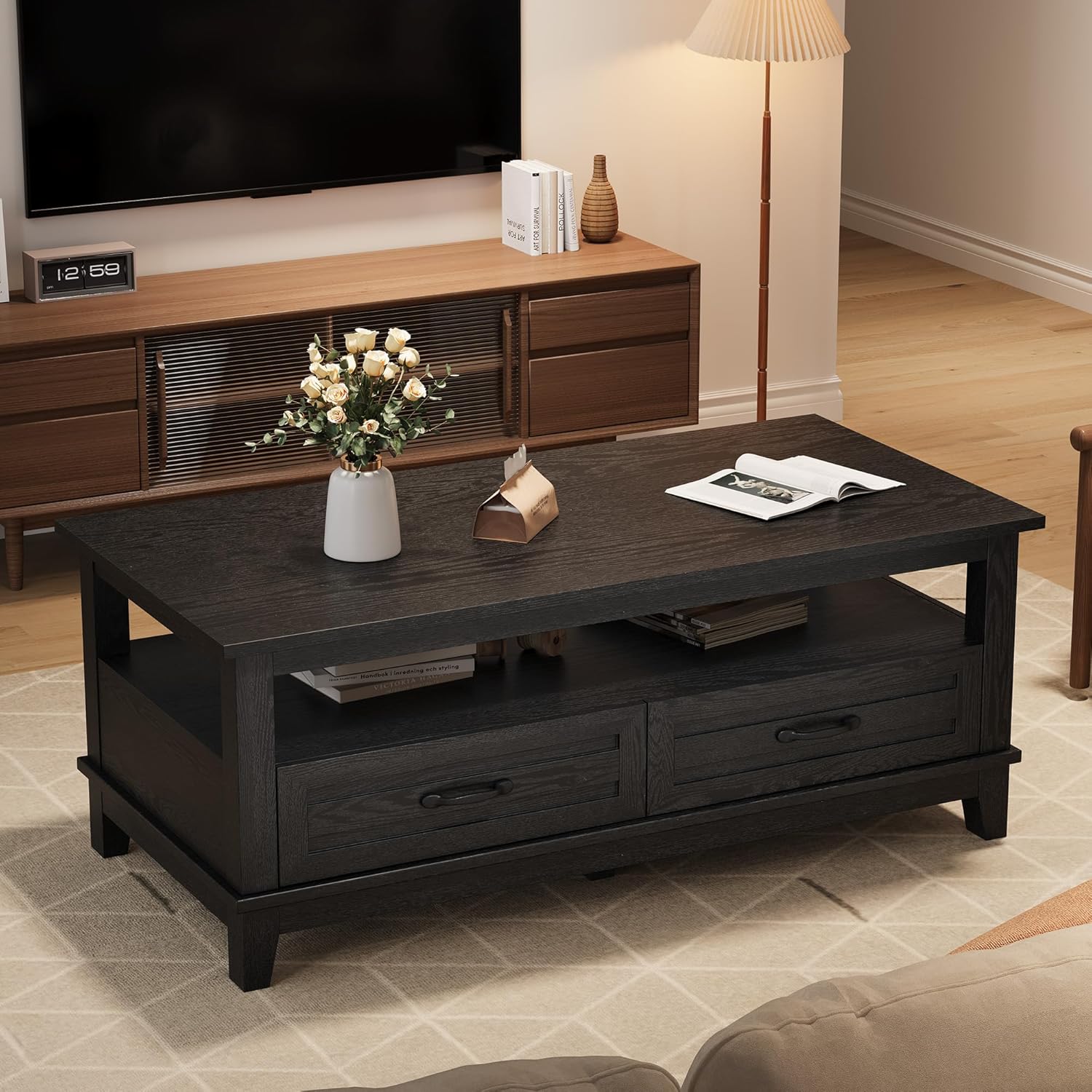 GarveeHome Farmhouse Coffee Table with Drawers, 47.2 in Center Table Rustic Coffee Tables Black Living Room Table, with Open Shelf and 6 Support Legs