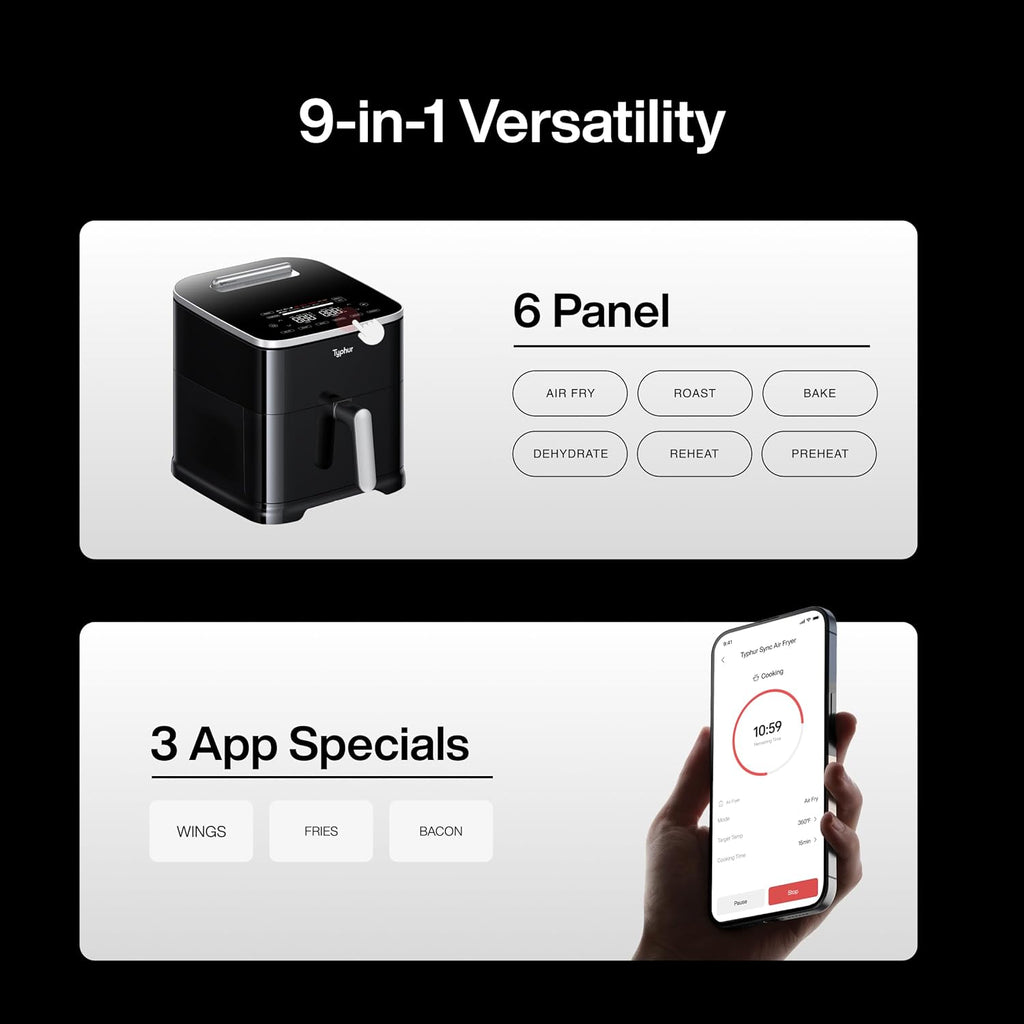 Typhur Sync 8QT AI Smart Air Fryer with Built-in Wireless Meat Thermometer, 9-in-1 XL Non Toxic Ceramic Airfryer, 450°F Max, Cooks 6lb Whole Chicken, Quiet & Dishwasher Safe, 120V