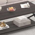 HSH Gray Storage Coffee Table, Modern Center Table for Living Room with Display Shelf, Simple Metal Wooden Rectangle Cocktail Tea Table, Minimalist Home Office Bedroom 2 Tier Coffee Table, 39 Inch