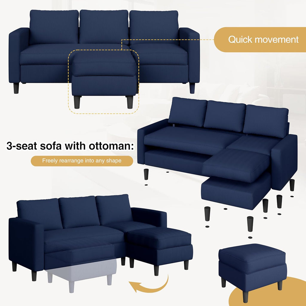 JAMFLY 3-Seat Convertible L-Shaped Sectional Sofa with Reversible Ottoman, Upholstered Fabric Couch for Small Living Rooms, Modern Modular Couch for Apartment, Studio & Loft, Blue