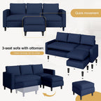 JAMFLY 3-Seat Convertible L-Shaped Sectional Sofa with Reversible Ottoman, Upholstered Fabric Couch for Small Living Rooms, Modern Modular Couch for Apartment, Studio & Loft, Blue