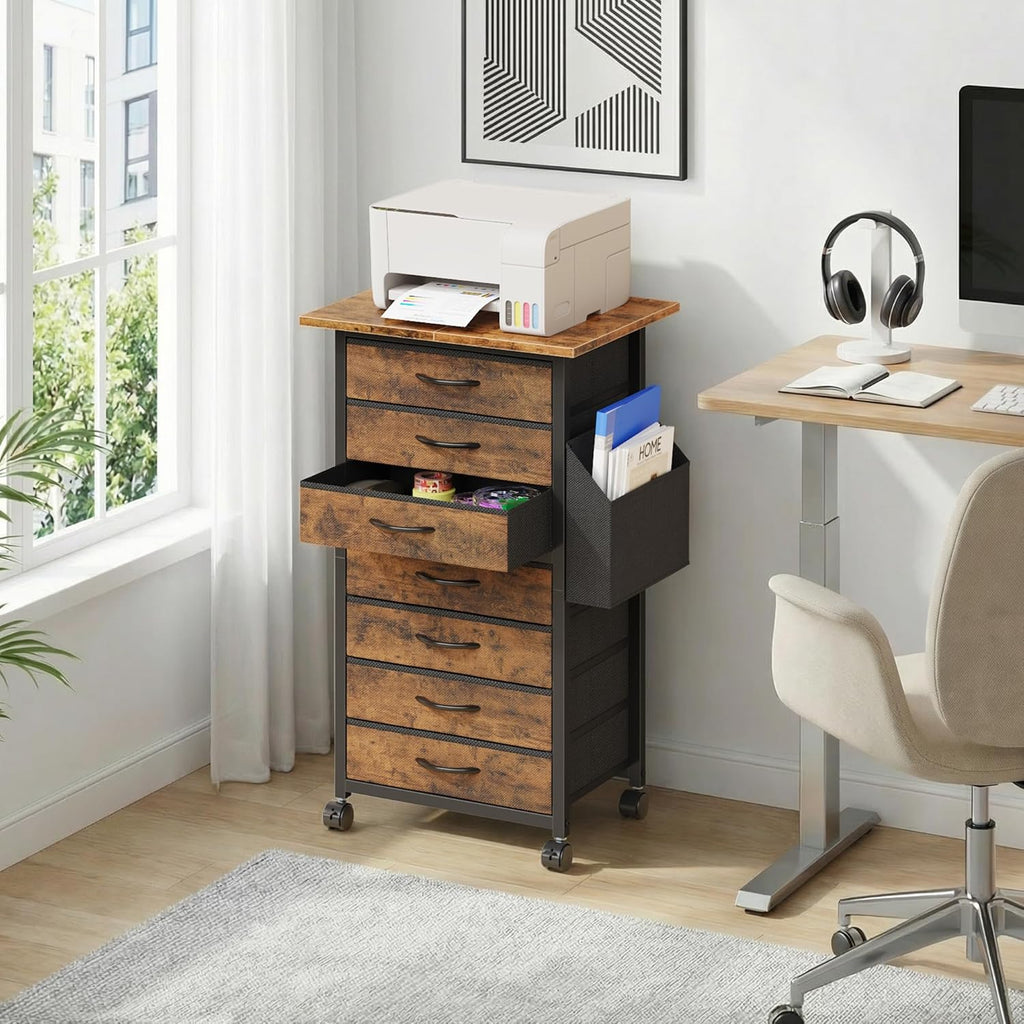 HIGDBFE 7 Fabric Drawers File Cabinet with Side Pocket, Rolling Printer Stand with Storage for Home Office, Wood Top Storage Cabinet for Documents and Crafts, Rustic Brown, 15" D