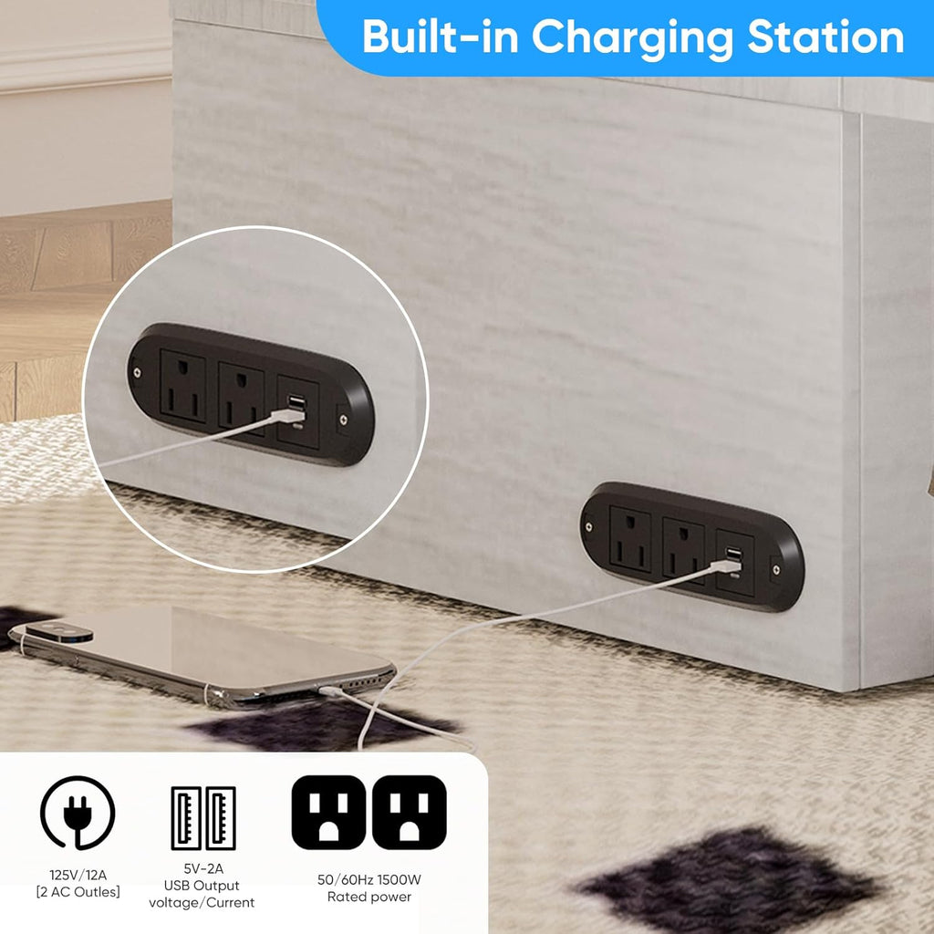 Mjkone Murphy Bed, Cabinet Beds Queen Size with Mattress Included, Built-in Charging Station and Drawer, 63" W Queen Cabinet Murphy Bed, Hidden Guest Beds for Living Room, Bedroom, Apartment, White