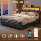 Queen Bed Frame, 2-Tier Storage Headboard & 6 Fabric Drawers, PU Leather Upholstered Queen Size Platform Bed with Charging Station and LED Lights, No Box Spring Needed, Noise Free