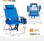 VINGLI Tall Beach Chair 1 Pack Lightweight, Backpack Beach Chair for Adults with 5-Position, Cooler Bag, Cup Holders, Towel Bar, Lightweight Folding Beach Camping Chairs Blue
