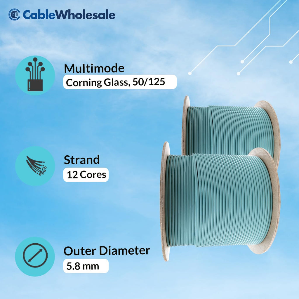 CableWholesale 1000ft Aqua 12-Strand Fiber Optic Cable Multimode 50/125 OM4  Corning ClearCurve  Plenum Rated  High-Speed 10G  Indoor - Advanced Network Solution