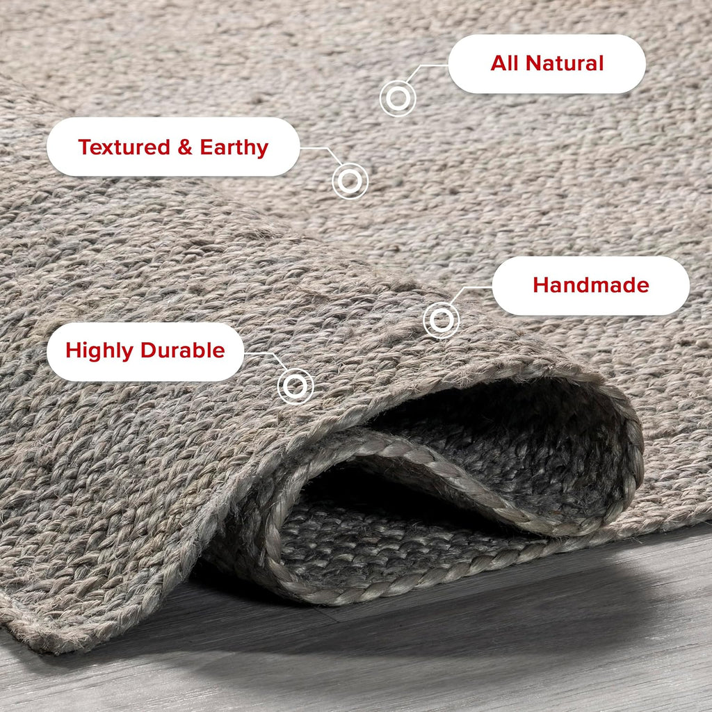 nuLOOM 8x10 Rigo Jute Hand Woven Area Rug, Grey, Solid Farmhouse Design, Natural Fiber, For Bedroom, Living Room, Dining Room, Hallway, Office, Kitchen, Entryway
