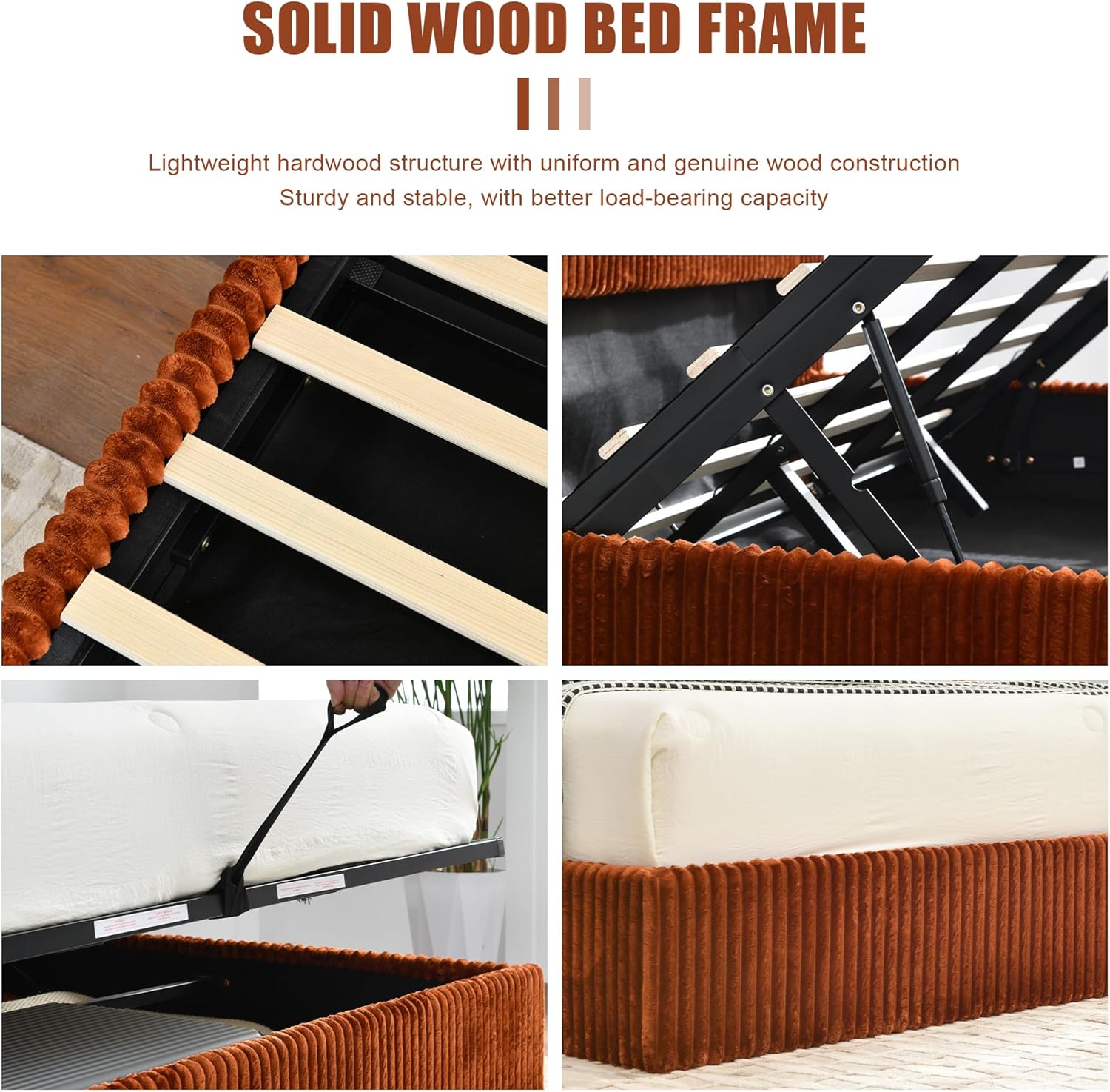 YUHUASHI King Size Storage Bed Frame, Vertical Striped headboard with Delicate Velvet Fabric, Hydraulic Lift for Storage, no Box Spring Needed, no Noise (OCHER, King (U.S. Standard))