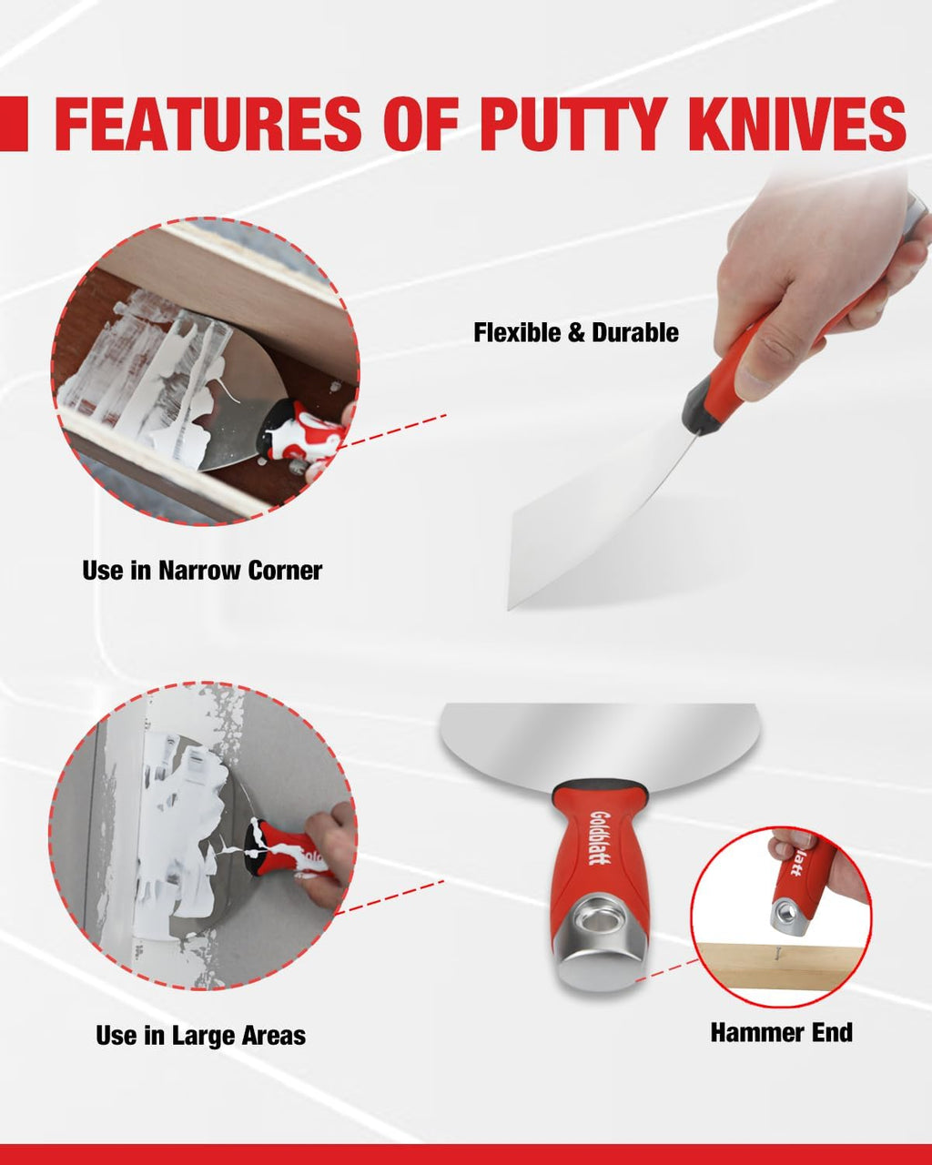 Goldblatt Drywall Hand Tool Kit - 14 in 1, 6 Pieces Stainless Steel Joint Knife, Taping Knives, Paniter Scraper, Mud Pan