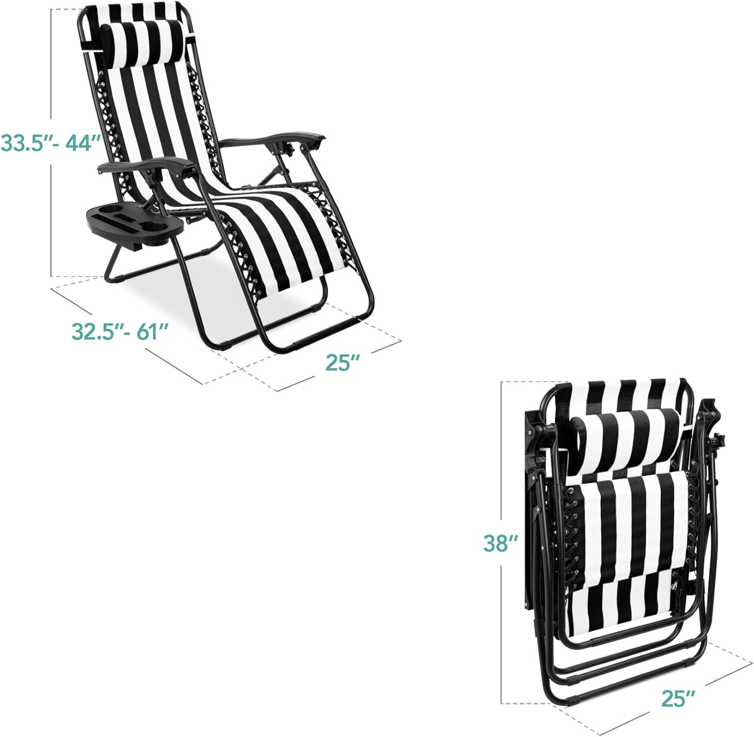 Best Choice Products Set of 2 Adjustable Steel Mesh Zero Gravity Lounge Chair Recliners w/Pillows and Cup Holder Trays - Black Striped